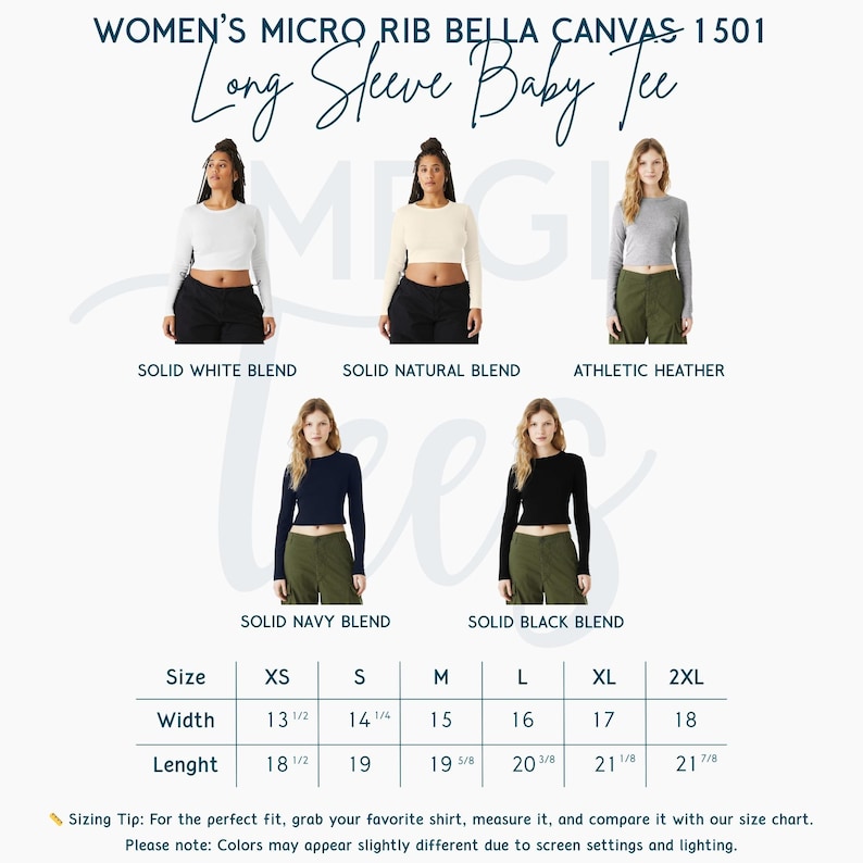 Puede incluir: Imagen de una camiseta de manga larga para beb&eacute; en blanco, natural, gris deportivo, azul marino y negro. Una tabla de tallas muestra medidas en pulgadas, con anchos de 13,5 a 18 pulgadas y largos de 18,5 a 21,875 pulgadas. Texto: "WOMEN'S MICRO RIB BELLA CANVAS 1501 Long Sleeve Baby Tee."