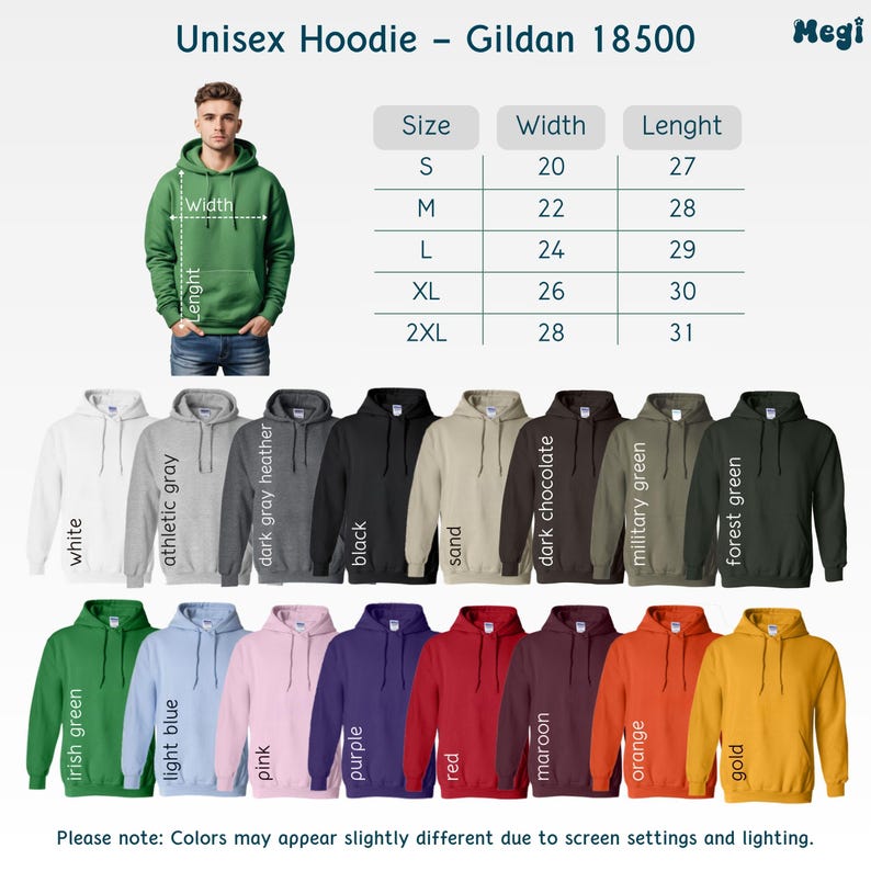 Puede incluir: Una selecci&oacute;n de sudaderas con capucha unisex Gildan 18500 en varios colores, incluyendo blanco, negro y verde bosque. La imagen muestra una tabla de tallas con medidas en cm y un modelo con una sudadera verde. El texto dice "Unisex Hoodie - Gildan 18500."