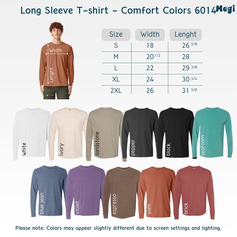 Puede incluir: Una selecci&oacute;n de camisetas de manga larga en varios colores, incluyendo blanco, marfil, piedra arenisca, pimienta, negro, espuma de mar, azul vaquero, violeta, espresso, &ntilde;ame y ladrillo. La imagen muestra una tabla de tallas con medidas en cm.