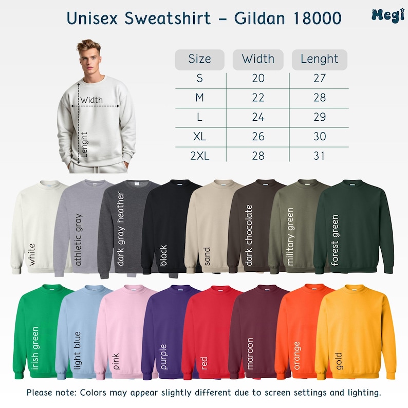 Puede incluir: Una selecci&oacute;n de sudaderas unisex en varios colores, incluyendo blanco, negro y verde bosque. La imagen muestra una tabla de tallas y un modelo con una sudadera blanca. El texto dice "Unisex Sweatshirt - Gildan 18000."