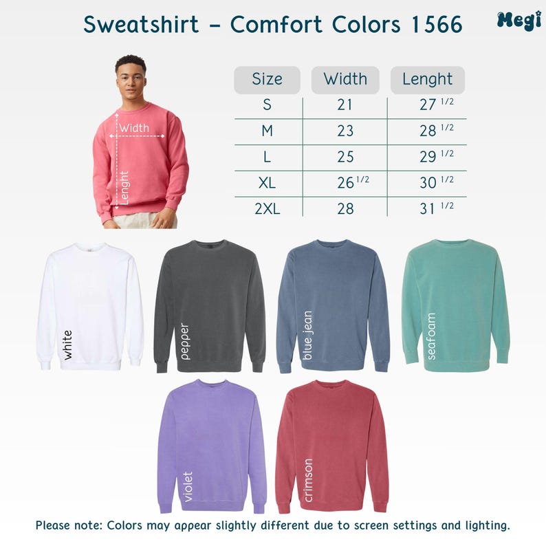 K&ouml;nnte beinhalten: Verschiedene Comfort Colors 1566 Sweatshirts in Wei&szlig;, Pfeffer, Blue Jean, Seafoam, Violett und Crimson. Die Abbildung enth&auml;lt eine Gr&ouml;&szlig;entabelle mit Ma&szlig;en in cm. Text: "Sweatshirt - Comfort Colors 1566".