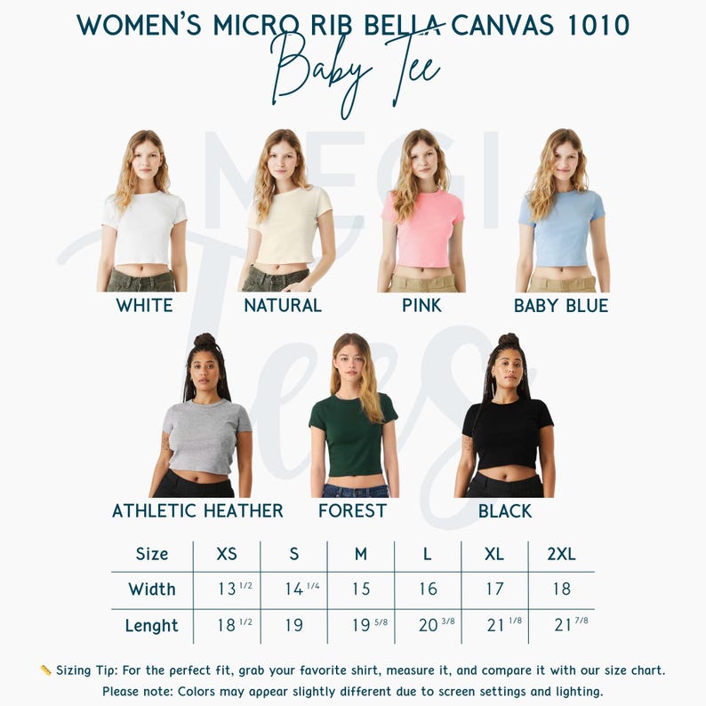 May include: A product image showcasing a variety of women's micro rib baby tees in different colors: white, natural, pink, baby blue, athletic heather, forest, and black. The image includes a size chart with measurements in inches for width and length.