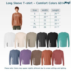 K&ouml;nnte beinhalten: Verschiedene lang&auml;rmlige T-Shirts in Farben wie Wei&szlig;, Elfenbein, Sandstein, Pfeffer, Schwarz, Meerschaum, Blue Jean, Violett, Espresso, Yam und Ziegel. Eine Gr&ouml;&szlig;entabelle zeigt Ma&szlig;e in cm f&uuml;r Breite und L&auml;nge.