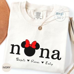 Comfort Colors® Custom Disney Nana Shirt, Grandma Tshirt with Kids Names, Granny Minnie Mouse Tee Gift, Est 2026 Pregnancy Announcement image 1