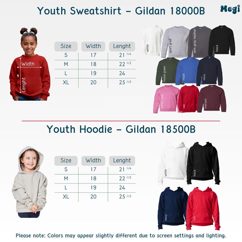 Puede incluir: Imagen de sudaderas y sudaderas con capucha para j&oacute;venes en varios colores, como blanco, negro y azul marino. Se incluyen tablas de tallas con medidas en cent&iacute;metros. El texto dice "Youth Sweatshirt - Gildan 18000B" y "Youth Hoodie - Gildan 18500B".