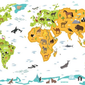 Animal World Map Wanddekor für Kinder - Lern- und Spaßdekor, kein klebender, kundenspezifischer Entwurf Tier gemusterte Karte, Geschenk für Kinderdesign-Plakat
