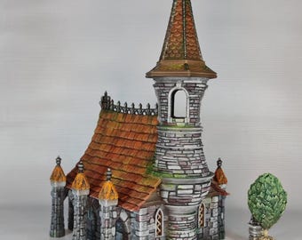 Tabletop terrain building church/chapel with small trees, small medieval church, 28 mm, unpainted