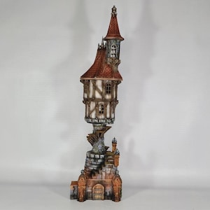 May include: A detailed miniature fantasy tower with a red-tiled roof, multiple windows, and a stone base. The tower features a spiral staircase and a wooden frame design, showcasing a medieval architectural style.