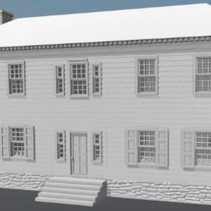 Op de afbeelding: Een huis met twee verdiepingen en een witte buitenkant, met meerdere ramen met luiken en een stenen fundering. Het huis heeft een wit dak en een schoorsteen. De hoofdingang heeft trappen die naar de deur leiden.