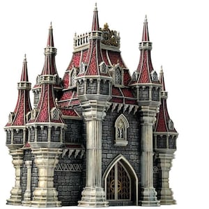Può includere: Un castello in miniatura dettagliato con tetti di tegole rosse, muri di pietra grigia e guglie ornate. Il castello presenta colonne decorative, finestre ad arco e un emblema dorato in cima alla torre centrale. Il design evoca un tema medievale o fantasy.
