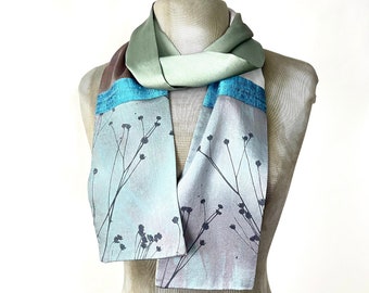 turquoise gray and patchwork silk scarf hand dyed and printed