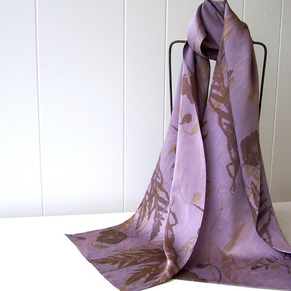 hand painted silk scarf lilac purple gold brown with poppy