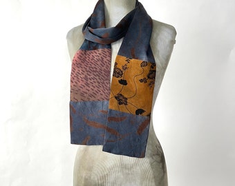 midnight blue patchwork silk scarf hand dyed and printed with earthy  gold adobe and burgundy