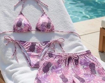 Purple Pineapple Matching Swimwear Set – Tropical Bikini & Board Shorts, Pink Purple Floral Print Couple Beach Vacation Outfit