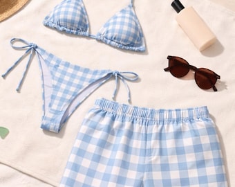 Blue Gingham Couple Matching Swimwear Set, Classic Checkered Bikini and Board Shorts Beach Vacation Romantic Couple Outfit
