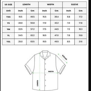 May include: Diagram of a youth short-sleeve Hawaiian shirt with measurements in inches and centimeters. The chart shows sizes YXS to YXL, with length ranging from 19.5 to 25 inches, width from 15.5 to 19.5 inches, and sleeve length from 6.8 to 8.5 inches.