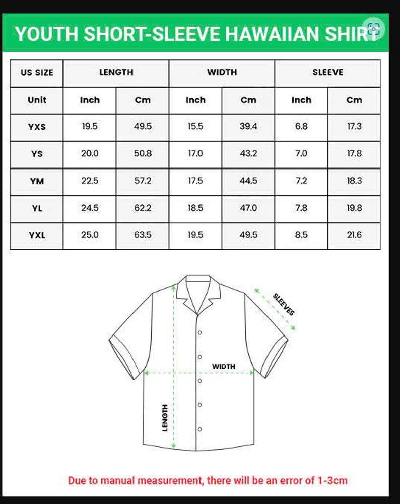 May include: Diagram of a youth short-sleeve Hawaiian shirt with measurements in inches and centimeters. The chart shows sizes YXS to YXL, with length ranging from 19.5 to 25 inches, width from 15.5 to 19.5 inches, and sleeve length from 6.8 to 8.5 inches.