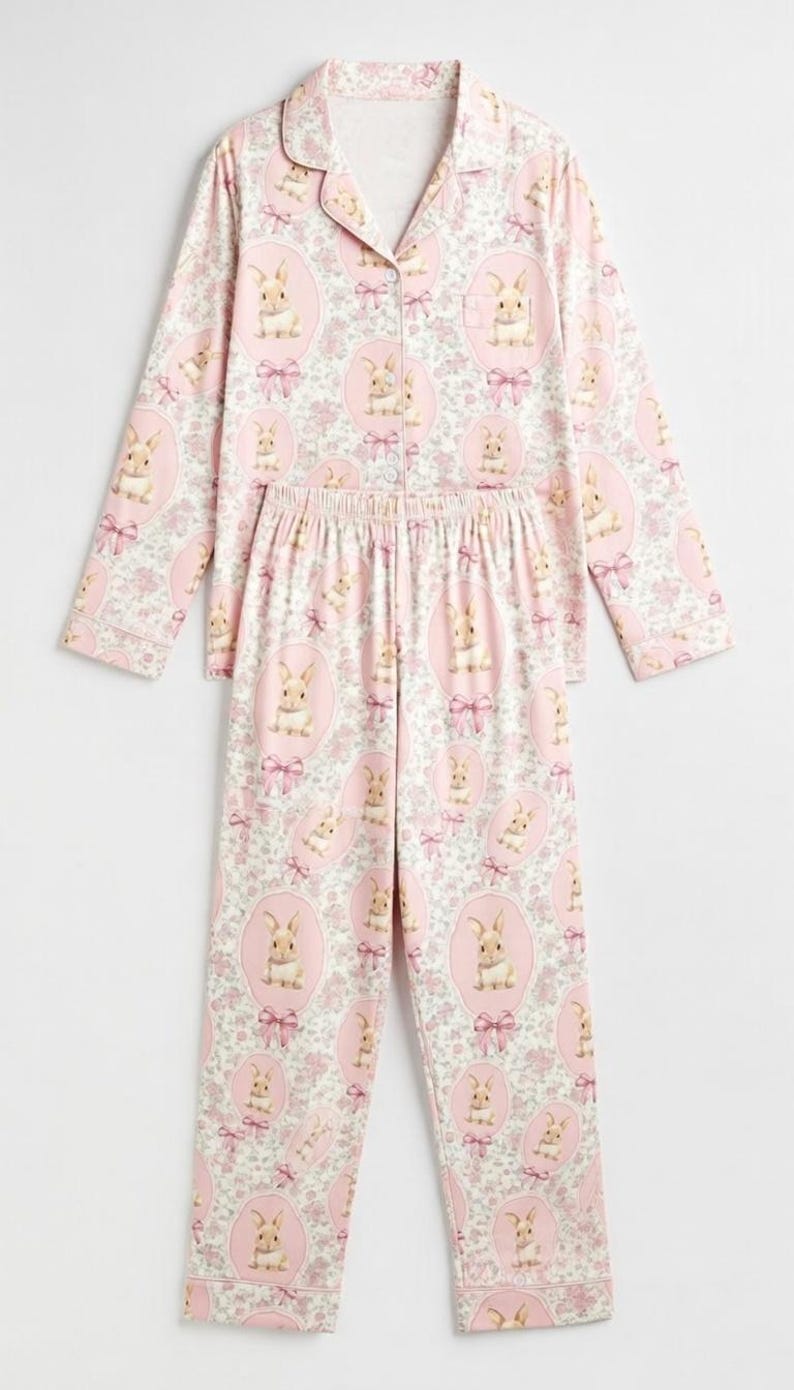 Puede incluir: Conjunto de pijama rosa con un estampado repetido de conejitos en marcos ovalados con lazos rosas y detalles florales. La parte superior de manga larga tiene una botonadura y un cuello con solapas. Los pantalones tienen cintura el&aacute;stica.