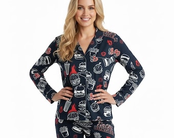 Bunger Hot Pajamas Set, Fast Food Satin Sleepwear,  Loungewear Gift for Her PSJ1749