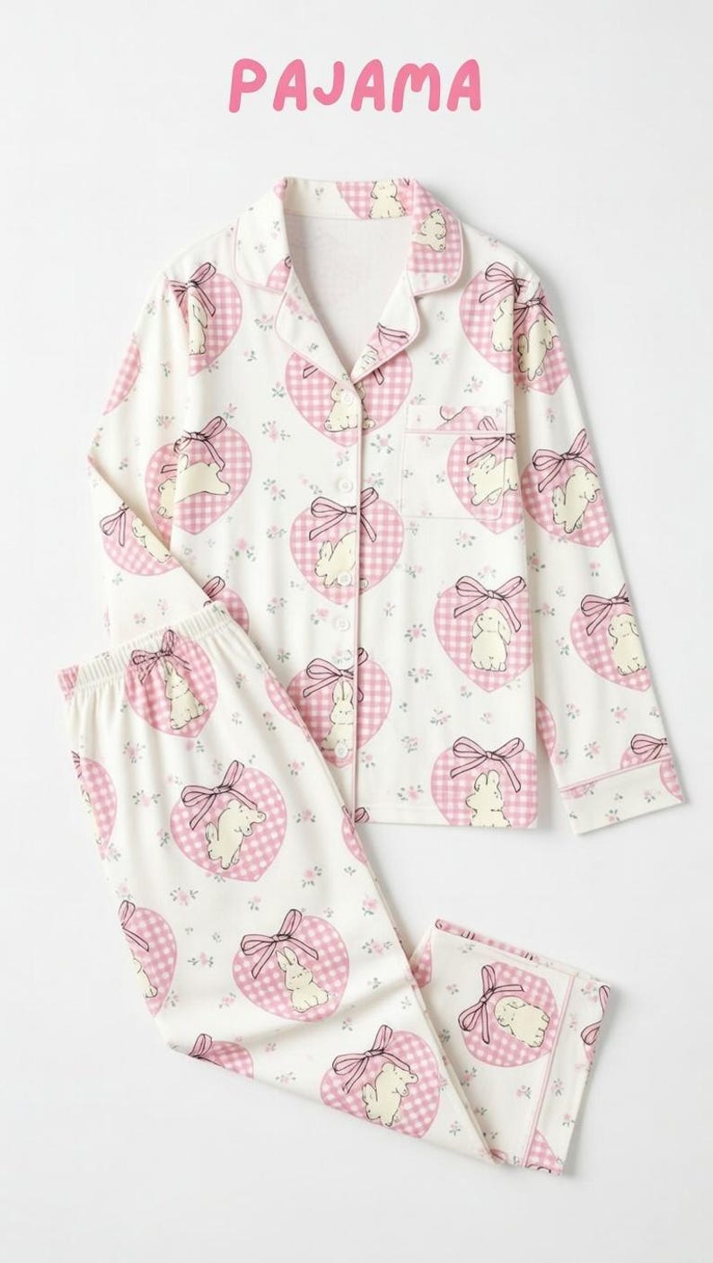 May include: White pajama set with a pink heart and bunny print. The set includes a button-down top with a chest pocket and matching pants. The word "PAJAMA" is written in pink letters at the top.