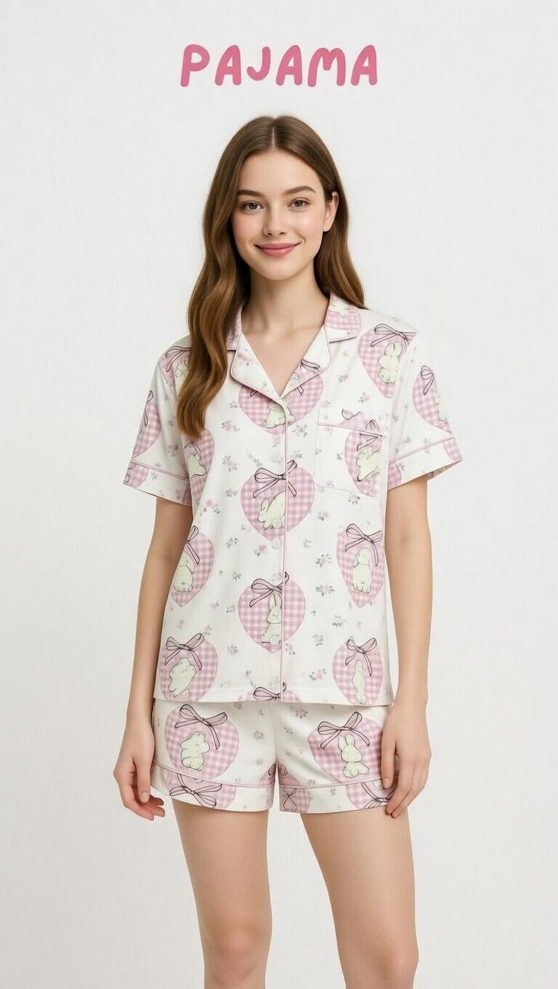 May include: White pajama set with a pink heart and bunny print. The short-sleeved top and shorts feature a button-down design and pink trim. The word "PAJAMA" is written in pink at the top.