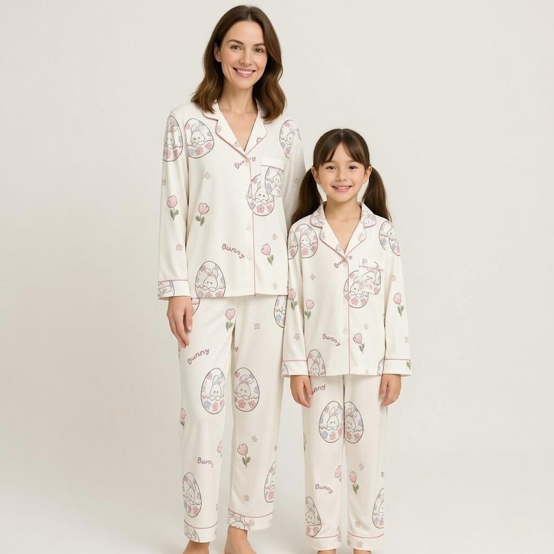 Puede incluir: Pijamas marfil a juego con un estampado de conejito y huevo, usados por una mujer y una ni&ntilde;a. Los pijamas tienen una parte superior abotonada y pantalones, con ribetes en rosa suave. La palabra "Bunny" est&aacute; impresa en los pantalones.