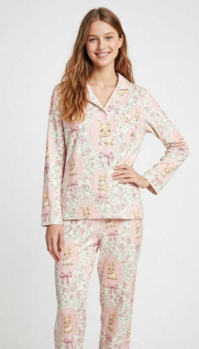 Puede incluir: Un conjunto de pijama rosa claro con un patr&oacute;n repetido de conejitos dentro de &oacute;valos rosas con lazos, sobre un fondo floral. La parte superior de manga larga tiene cuello y bolsillo en el pecho. El pantal&oacute;n de pijama tiene un dise&ntilde;o a juego.