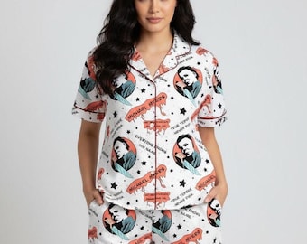 Michael Myers Comic Pajama Set, Halloween Horror Satin Sleepwear, Slasher Villain Long Sleeve PJs, Spooky Scary Movie Loungewear Gift PSJ704