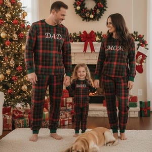 Matching Family Pajamas Personalized Christmas Family Pajamas w/Name, Custom Monogram Christmas Gifts, Xmas Eve Family Pjs PSJ1525.C