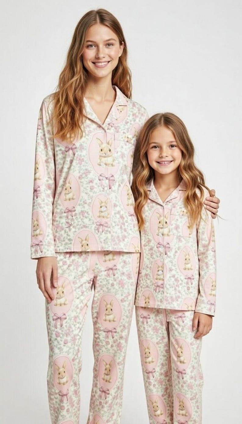 Puede incluir: Conjuntos de pijama rosas a juego con un estampado de conejos y lazos. La parte superior de manga larga y los pantalones est&aacute;n adornados con un patr&oacute;n repetido de conejos en marcos ovalados y lazos rosas. Los pijamas tienen un dise&ntilde;o cl&aacute;sico abotonado.