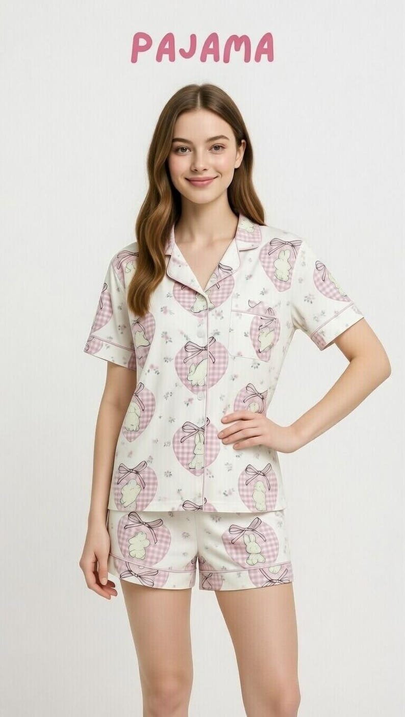 May include: White pajama set with a pink and white heart pattern, featuring a bunny and bow design. The set includes a short-sleeved button-down shirt and matching shorts. The word "PAJAMA" is written in pink at the top.