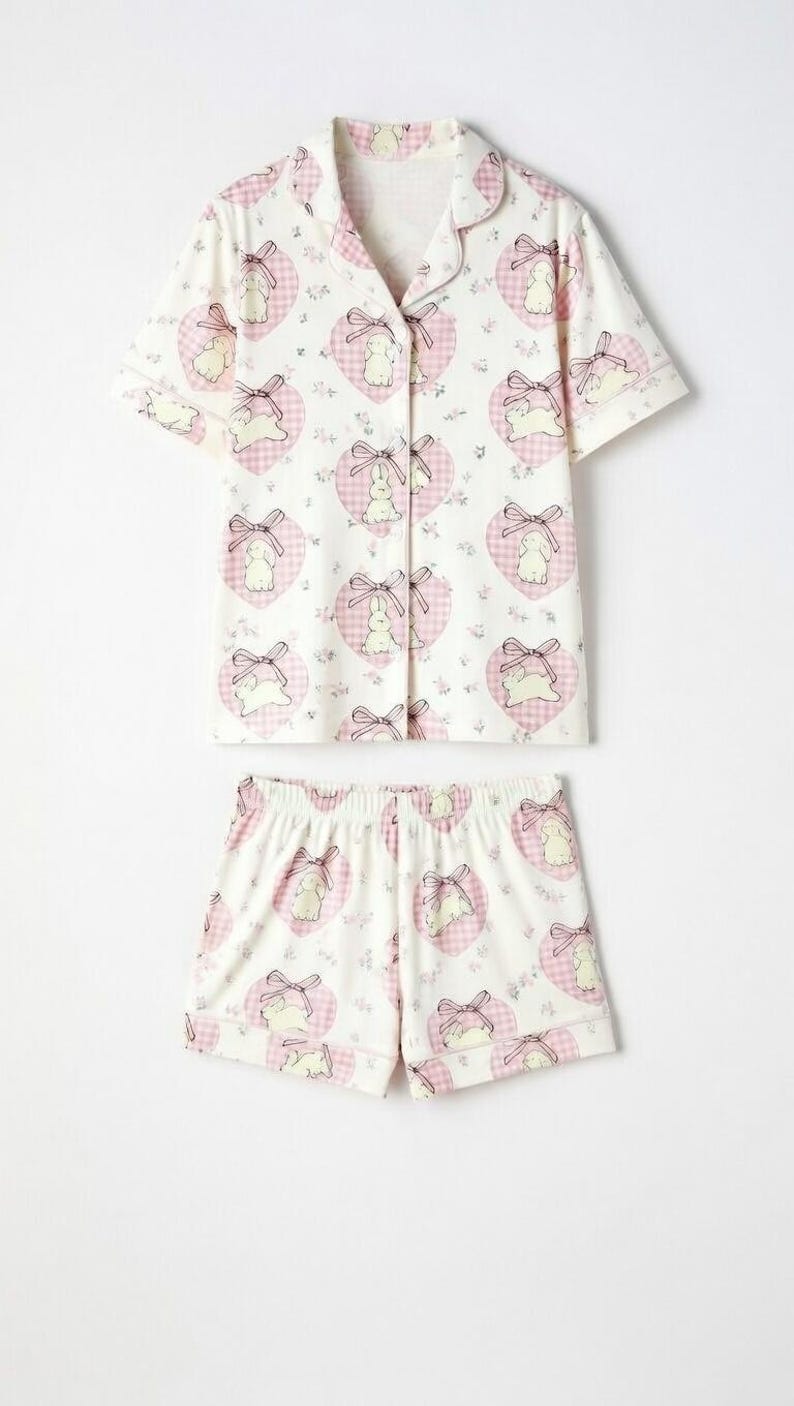 May include: A two-piece pajama set featuring a short-sleeved button-up shirt and matching shorts. The set is white with a repeating pattern of pink hearts, bows, and cartoon bunnies. The shirt has a notched collar and pink gingham trim.