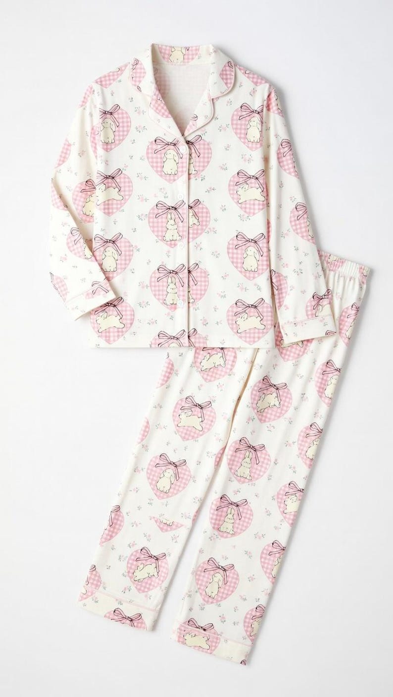 May include: A two-piece pajama set featuring a white background with a repeating pattern of pink gingham hearts, each containing a bunny and bow. The long-sleeved top has a button-down front and the pants have an elastic waistband.