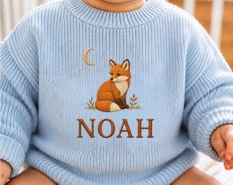 Personlig rävbabytröja, broderad stickad babynamntröja, skogsbabytröja för pojkar, anpassad outfit för nyfödd, babyshowerpresent