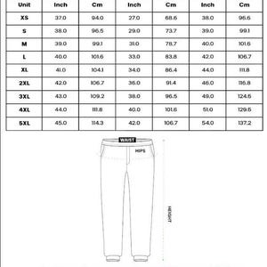 May include: A size chart for pants, displaying measurements in inches and centimeters. The chart includes US sizes from XS to 5XL, with corresponding lengths, waist, and hip measurements. The text at the bottom states, "Due to manual measurement, there will be an error of ~2-3cm."