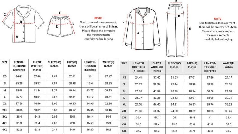 May include: Diagram of pajama sets with measurements in inches. Includes a short-sleeve shirt and shorts, and a long-sleeve shirt and pants. A size chart details clothing length, chest width, sleeve length, hips, trouser length, and waist measurements.