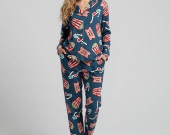 Pijama para una noche de cine con palomitas, ideal para mamá y yo, ideal como regalo para madre e hija con estampado de cine (PSJ782)
