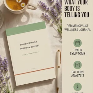 Op de afbeelding: Een Perimenopause Wellness Journal met een crèmekleurige kaft, een groene bovenband en een oranje onderlijn. De tekst luidt: Perimenopause Wellness Journal, Navigate Your Change With Confidence. Inclusief een kop thee, lavendel en een pen.