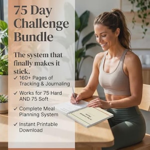 May include: A 75 Day Challenge Bundle planner with spiral binding, featuring text that reads 75 Day Challenge Bundle, 160+ Pages of Tracking & Journaling, Works for 75 Hard AND 75 Soft, Complete Meal Planning System, and Instant Printable Download.
