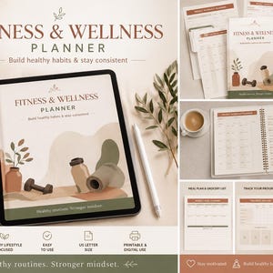 Op de afbeelding: Een digitale fitness- en wellnessplanner met een minimalistisch ontwerp. De omslag toont de titel in een schreefletter, met illustraties van een vaas, dumbbells en andere fitnessgerelateerde items. De planner bevat secties voor maaltijdplanning, voortgangsregistratie en gewoontevorming.
