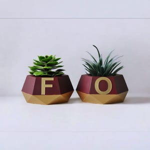 Juego de maceteros de hormigón rojo con letras de espejo personalizadas - Idea de regalo hecha a mano - Macetas color burdeos y dorado - Decoración personalizada - Regalo para el hogar