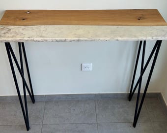 Oak and resin console with metal base