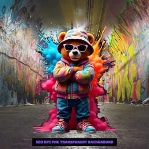 May include: A brown teddy bear wearing sunglasses, a bucket hat, a colorful jacket, blue pants, and sneakers, standing in front of a graffiti-covered wall. The image includes text that reads "300 DPI PNG TRANSPARENT BACKGROUND."