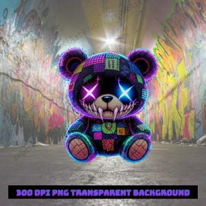 Puede incluir: Un oso de peluche negro con un diseño de retazos, ojos morados y azules brillantes y dientes afilados. El oso está sobre un fondo cubierto de graffiti. El texto "300 DPI PNG TRANSPARENT BACKGROUND" está en la parte inferior.