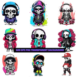 9 Chibi Skull Characters PNG Bundle | Colorful Skeleton Art | Urban Street Style Digital Download | DTF | 300 DPI Transparent Background