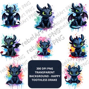 8 Toothless Night Fury PNG Bundle | Colorful Dragon Art | Friendly and Happy Style | Digital Download | DTF | 300 DPI Transparent Background