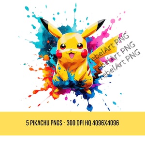 5 Pikachu Arc-en-ciel électrique | Créature colorée de dessin animé au format PNG | Téléchargement numérique Pop Art | Personnage jaune vif | Design DTF | 300 ppp