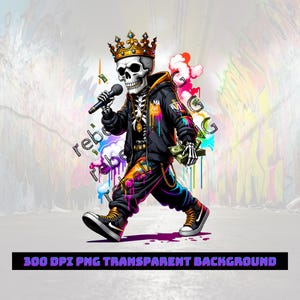 Skelet Rapper King Ontwerp | Hip Hop Schedel PNG SVG | Graffiti Rapper Digitale Download | Street Art Kroon Schedel | Gangster Schedel Kroon