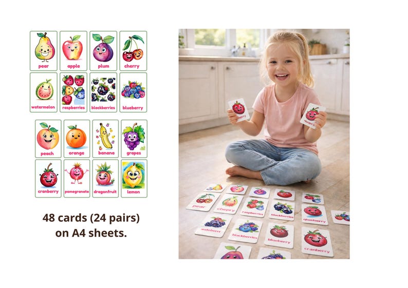 Juego de memoria de frutas imprimible para niños: tarjetas de ...