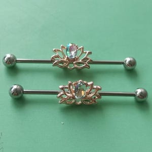 14g 38mm industrial barbell,CZ industrial barbell,Industrial jewelry piercing,Flower ear piercing, friendship earrings